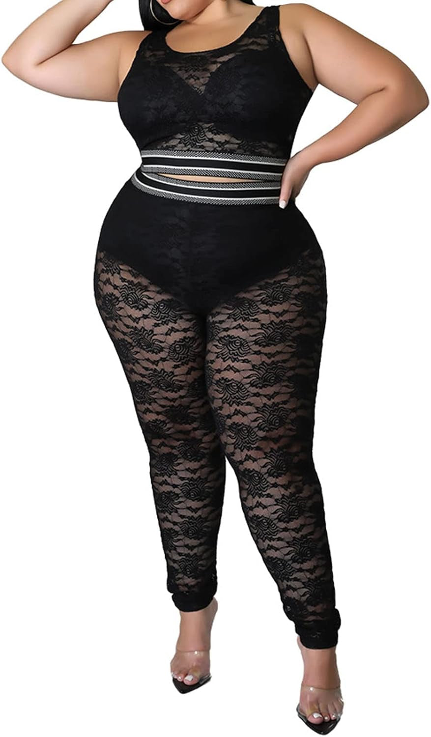 Women plus Size Sexy Two Piece Mesh Bodycon Jumpsuit Lace Crop Tops See through Skinny Long Pants Club Jumpsuit Black L