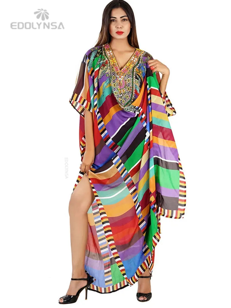 2025 plus Size Multicolored Loose Dress Tunic Women Large Size Beach Wear Kaftan Bohemian Printed Loose Beach Dresses Q1084