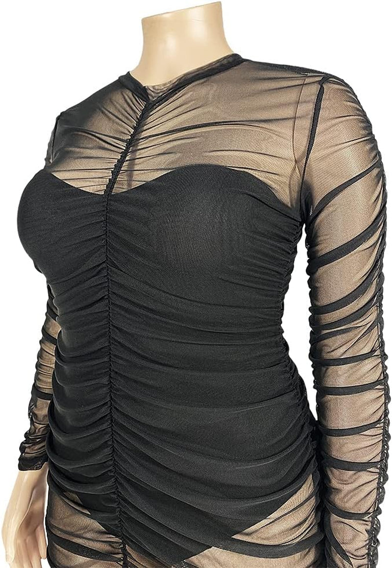 Womens Sexy See through plus Size Long Sleeve Mesh Dress Club Outfit Black XXL