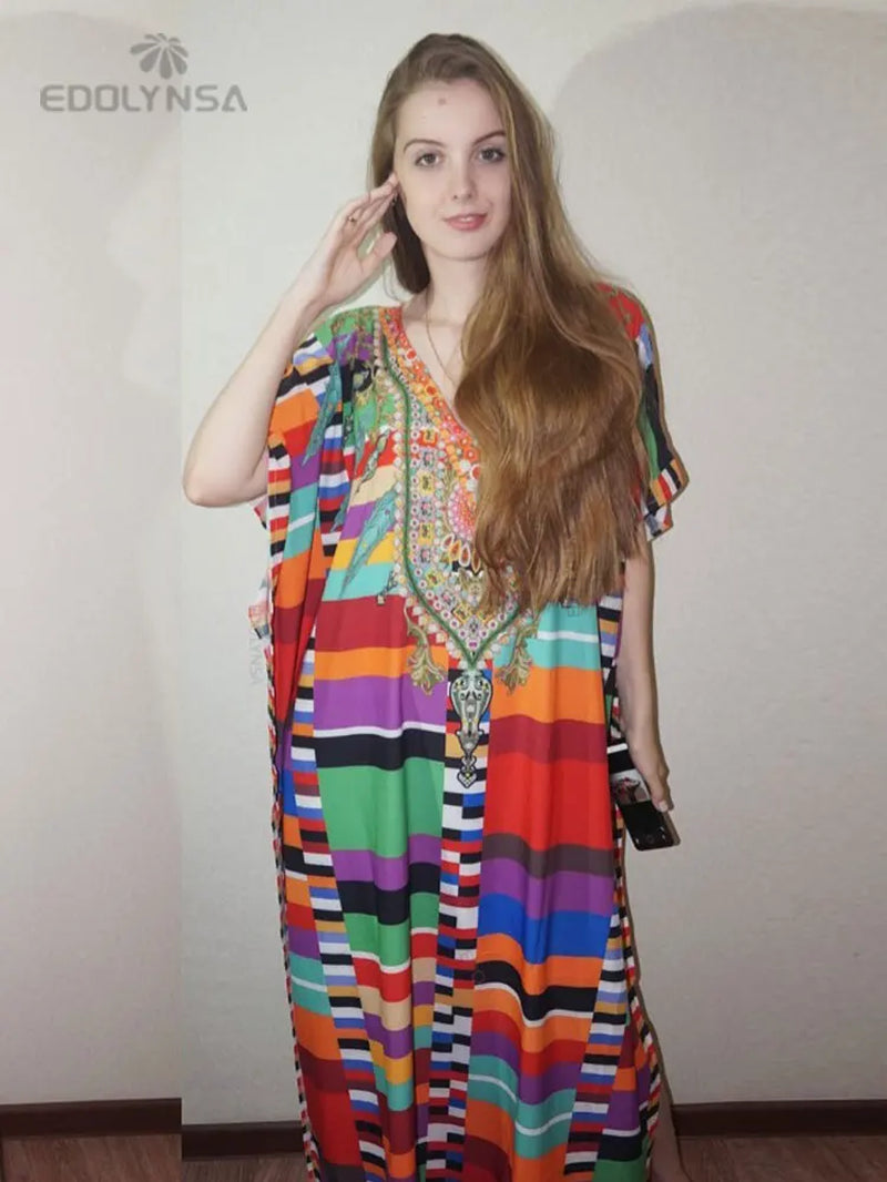 2025 plus Size Multicolored Loose Dress Tunic Women Large Size Beach Wear Kaftan Bohemian Printed Loose Beach Dresses Q1084