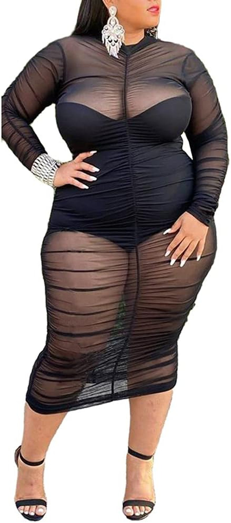 Womens Sexy See through plus Size Long Sleeve Mesh Dress Club Outfit Black XXL