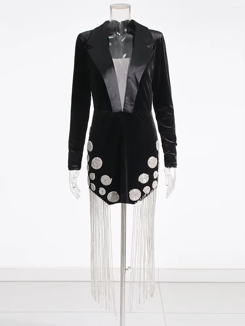 LuxeLink™ Chain Patchwork Mini Dress – Deep V-Neck, High Waist Elegance with Slimming Fit and Long Sleeves