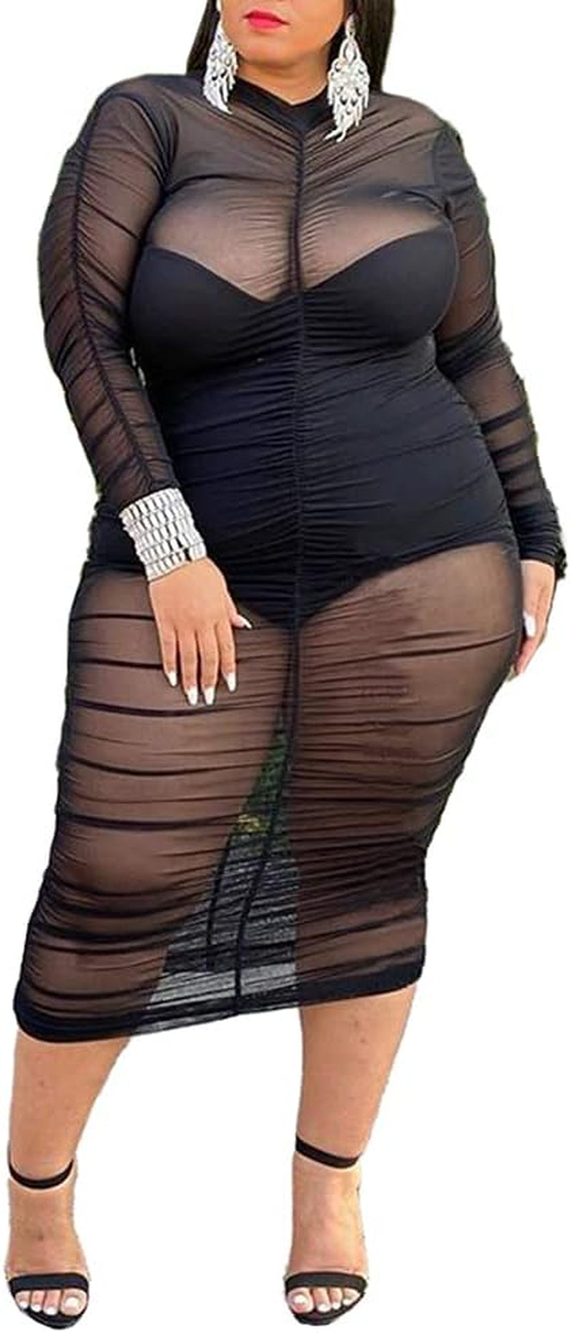 Womens Sexy See through plus Size Long Sleeve Mesh Dress Club Outfit Black XXL