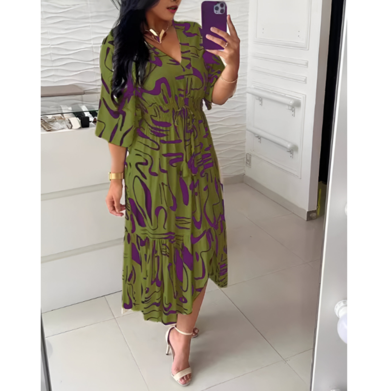 Summer Bohemian Women Print Midi Dress – V-Neck, Half Sleeve, High Elastic Waist A-Line Dress